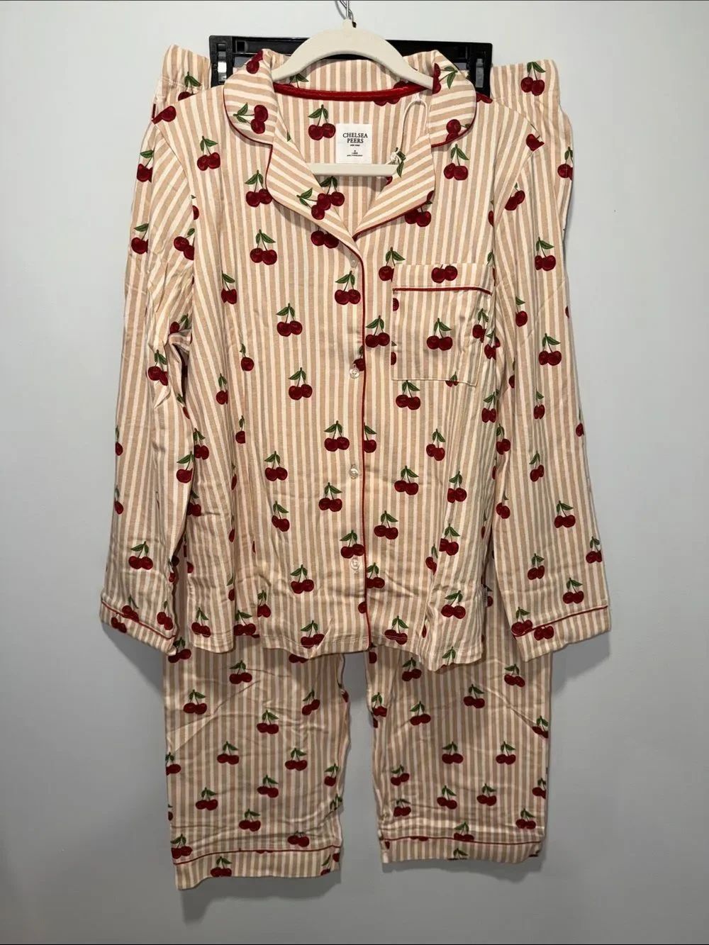 Chelsea Peers Organic Cotton Cherry Print Notch Collar Long Sleeve Pant Pj Set — image 7 of 8